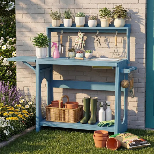 Outdoor Potting Bench With Removable Sink And Foldable Extension