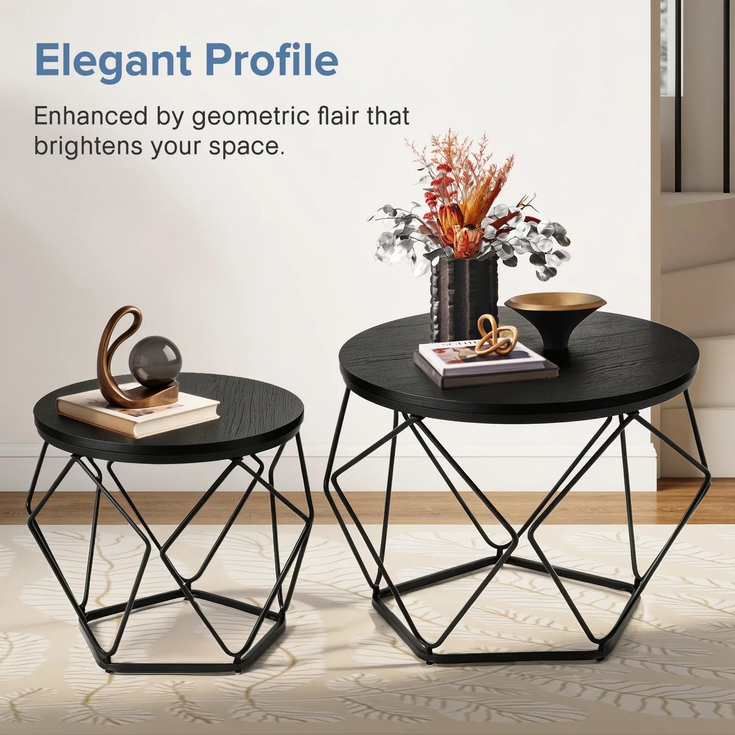 JHK Round Geometric Coffee Tables Set 2 With Hidden Storage