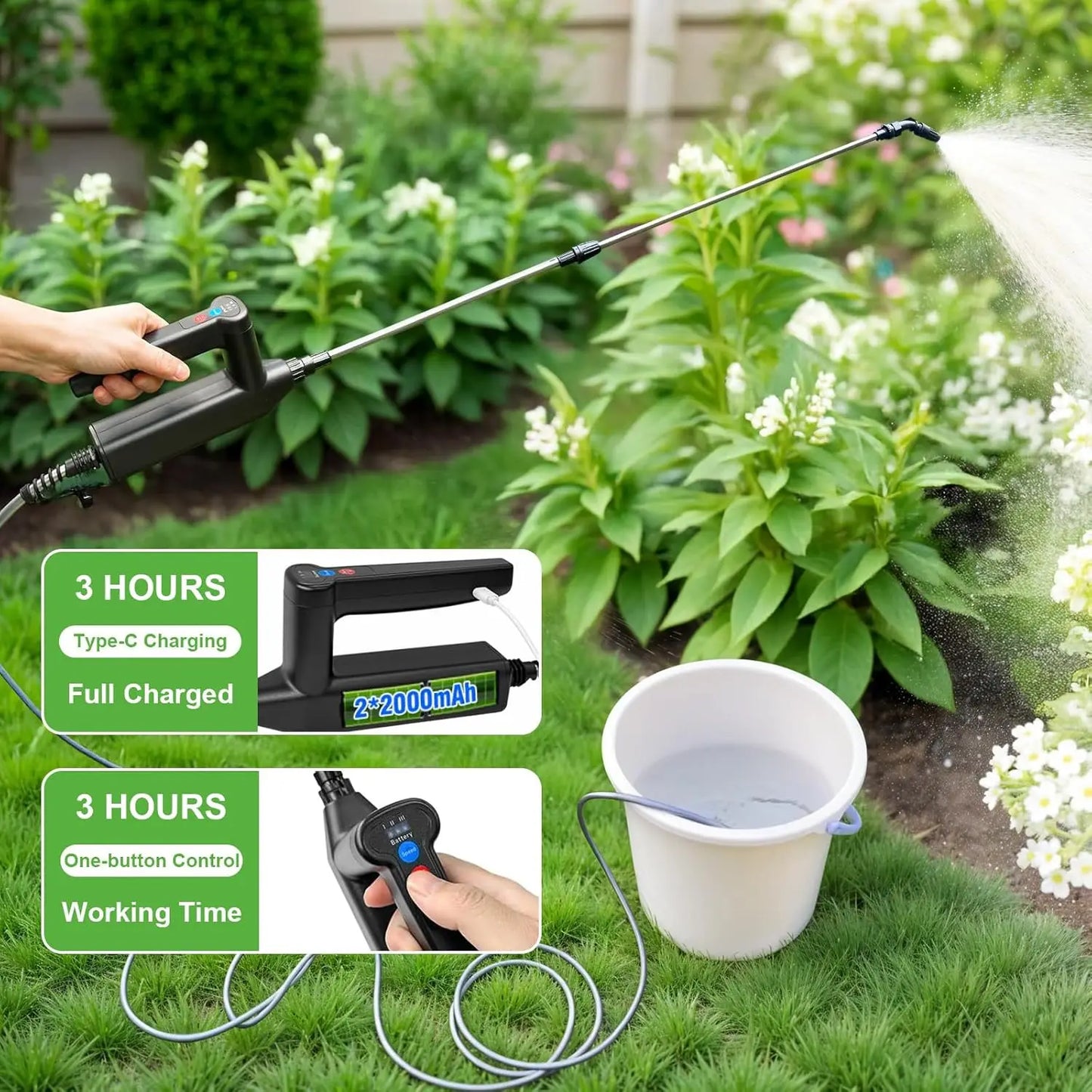 Battery Powered Garden Sprayer With Telescopic Wand And Adjustable Nozzles