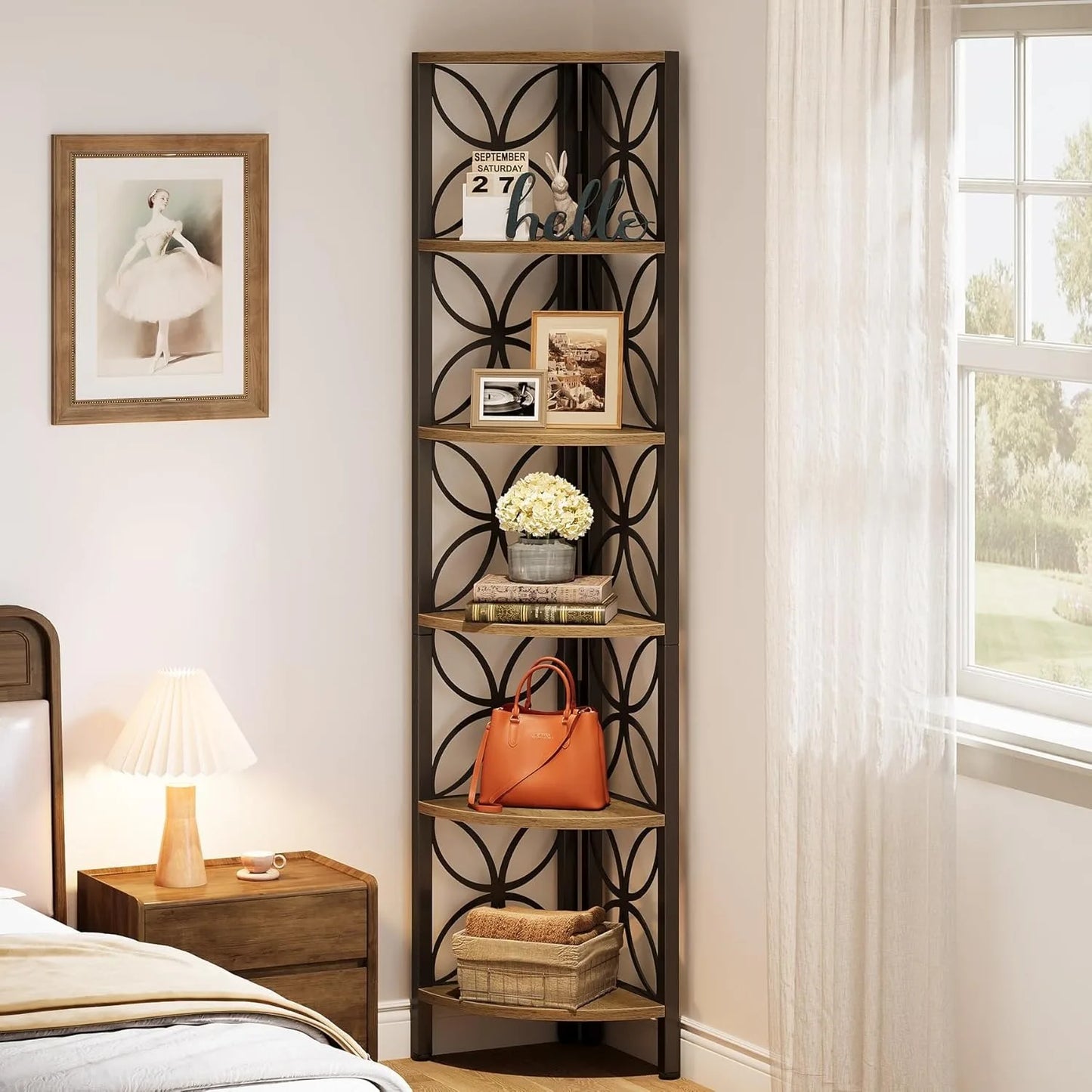 Little Tree 6-Tier Corner Shelf Industrial Wood Display Living Room
