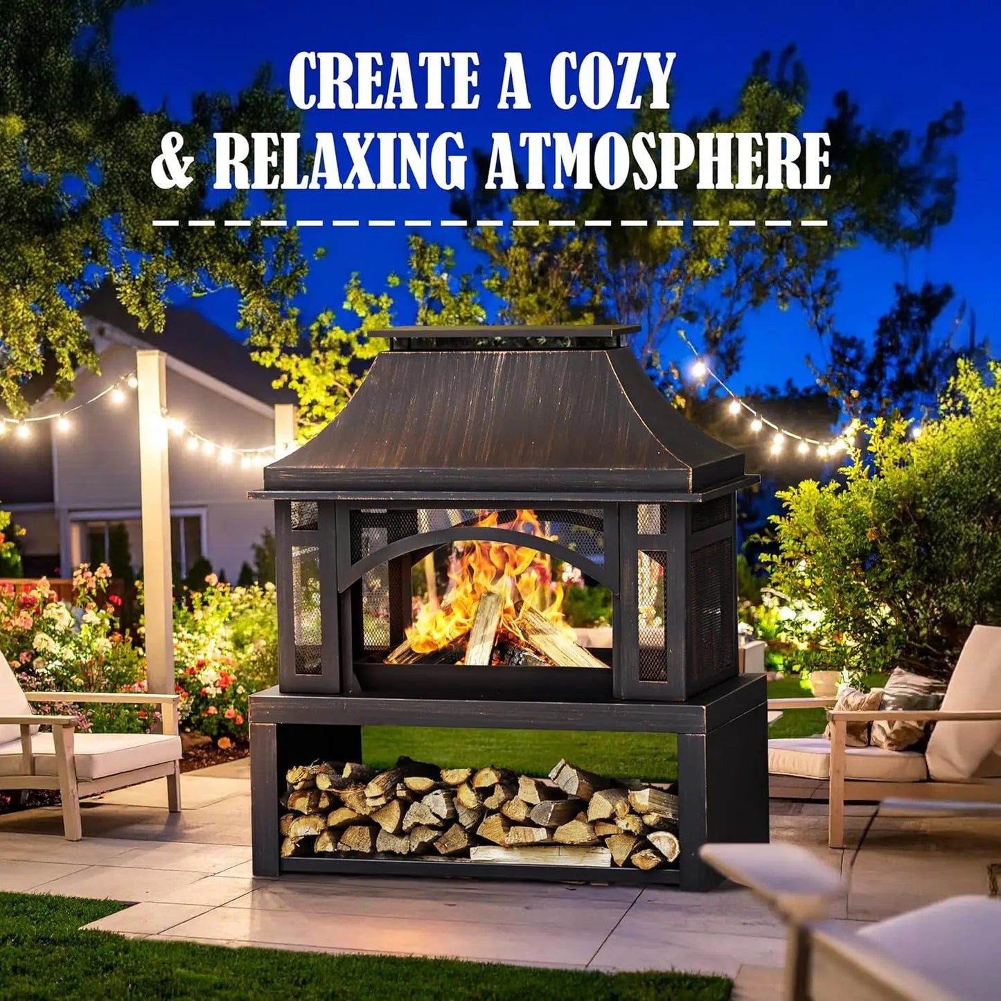Wood Burning Outdoor Fireplace With Chimney Wood Storage And Spark Screen