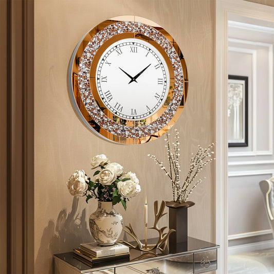 Round Mirror Clock With Crystal Sparkle Accents For Living Room