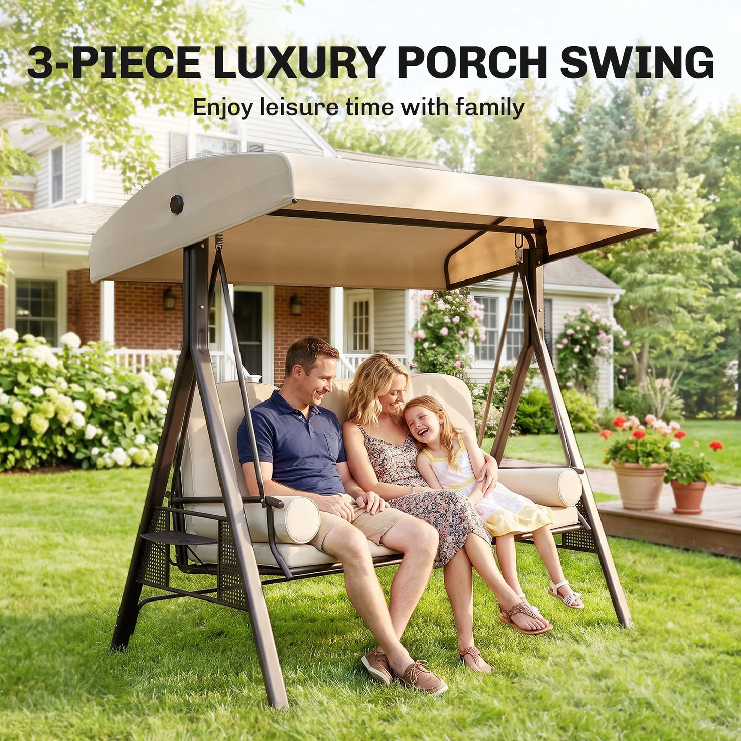 Three Person Outdoor Patio Canopy Cushioned Bench Swing