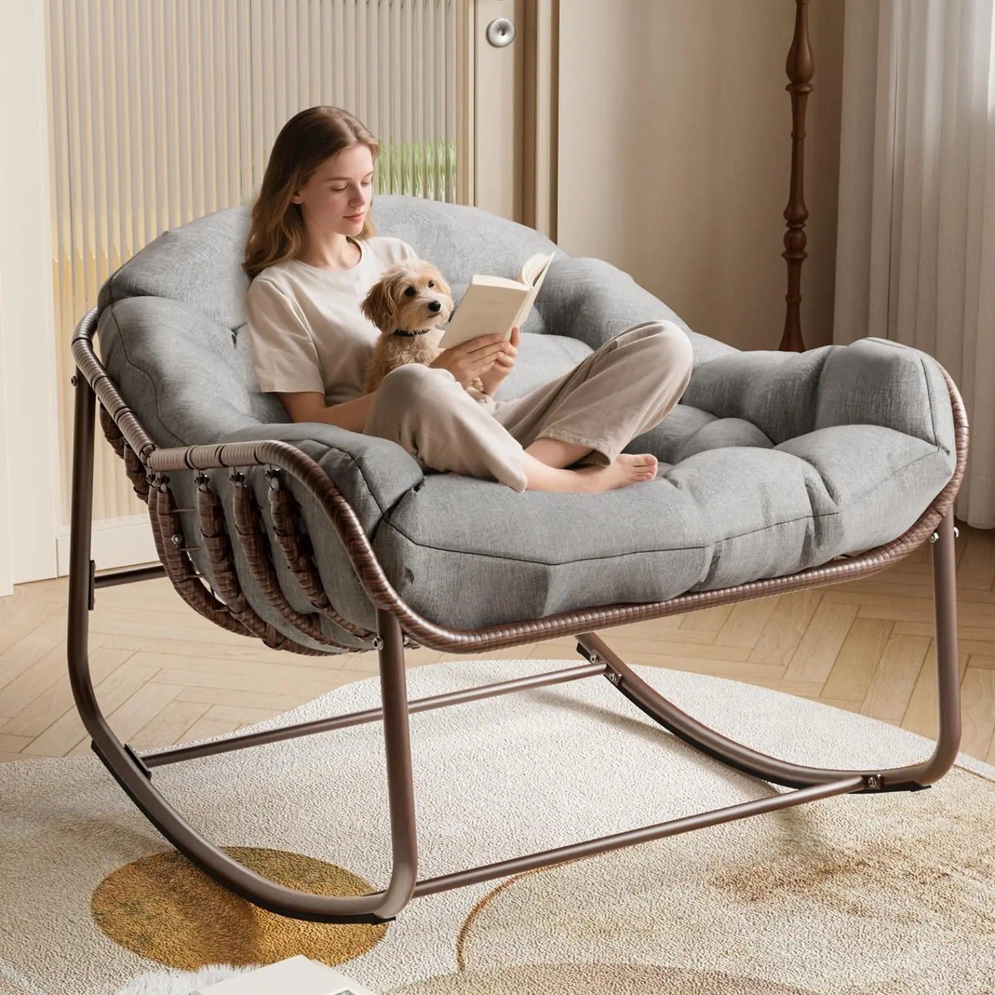 HiMISS Outdoor Papasan Rocking Chair With Cushion Wicker Egg Lounge