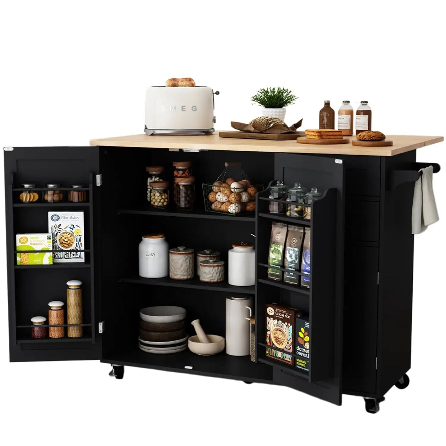 Kitchen Island With Storage And Drop Leaf Countertop On Wheels
