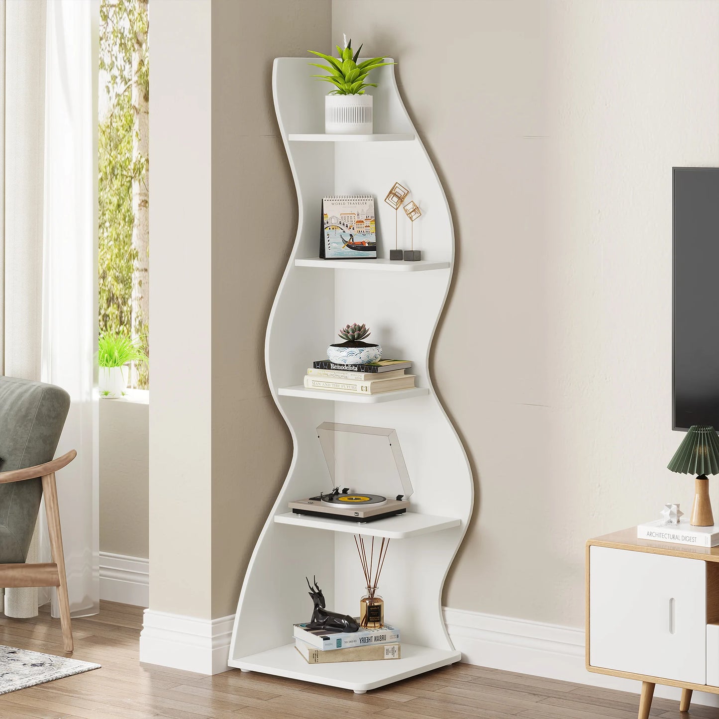 Tribesigns 5-Tier Corner Shelf Modern Wall Bookcase Storage Rack
