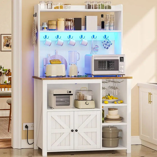 LISM Bakers Rack With Power Outlet And Storage Kitchen Cabinet