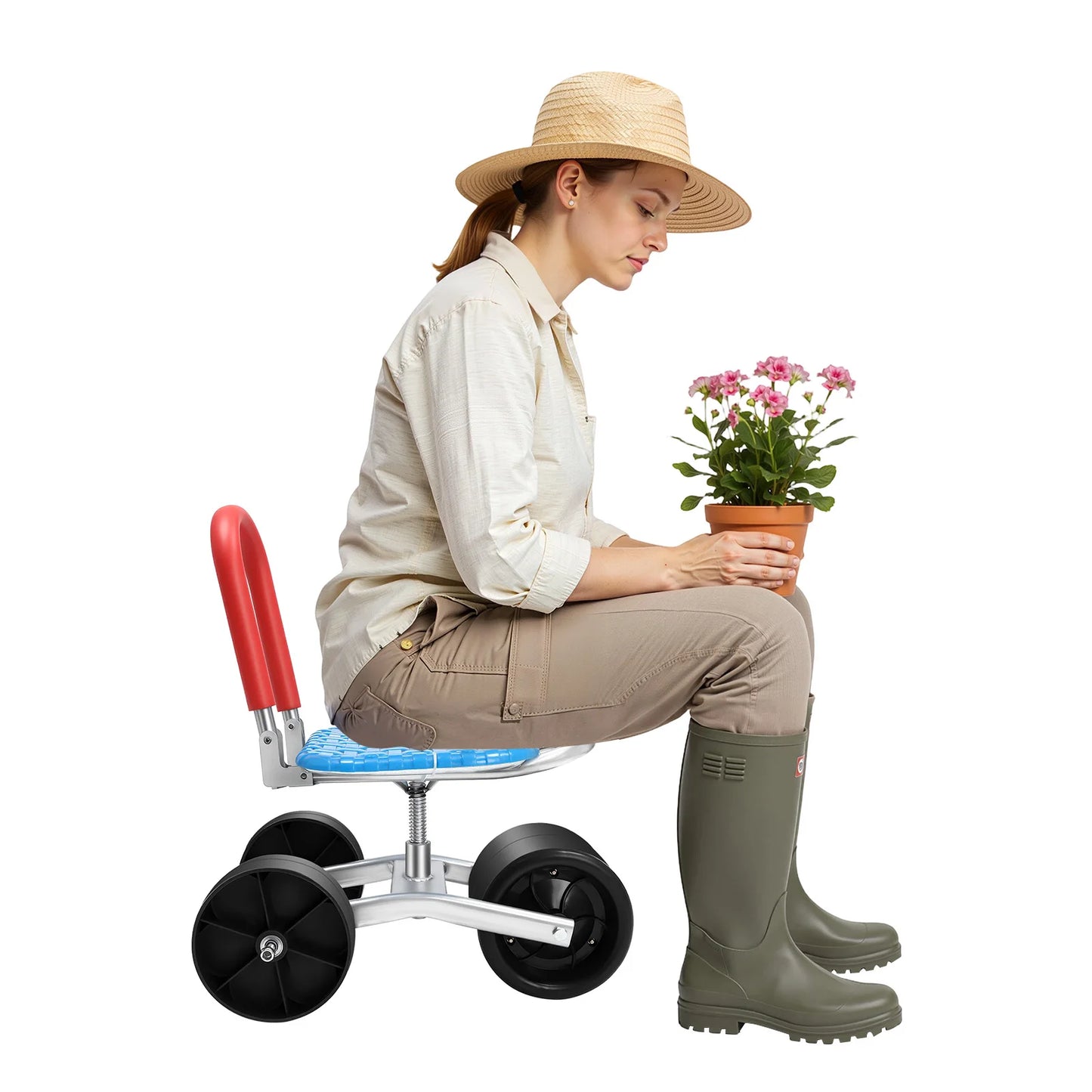 Bymaocar Three Wheel Rolling Garden Stool With 360 Degree Swivel Steel Frame