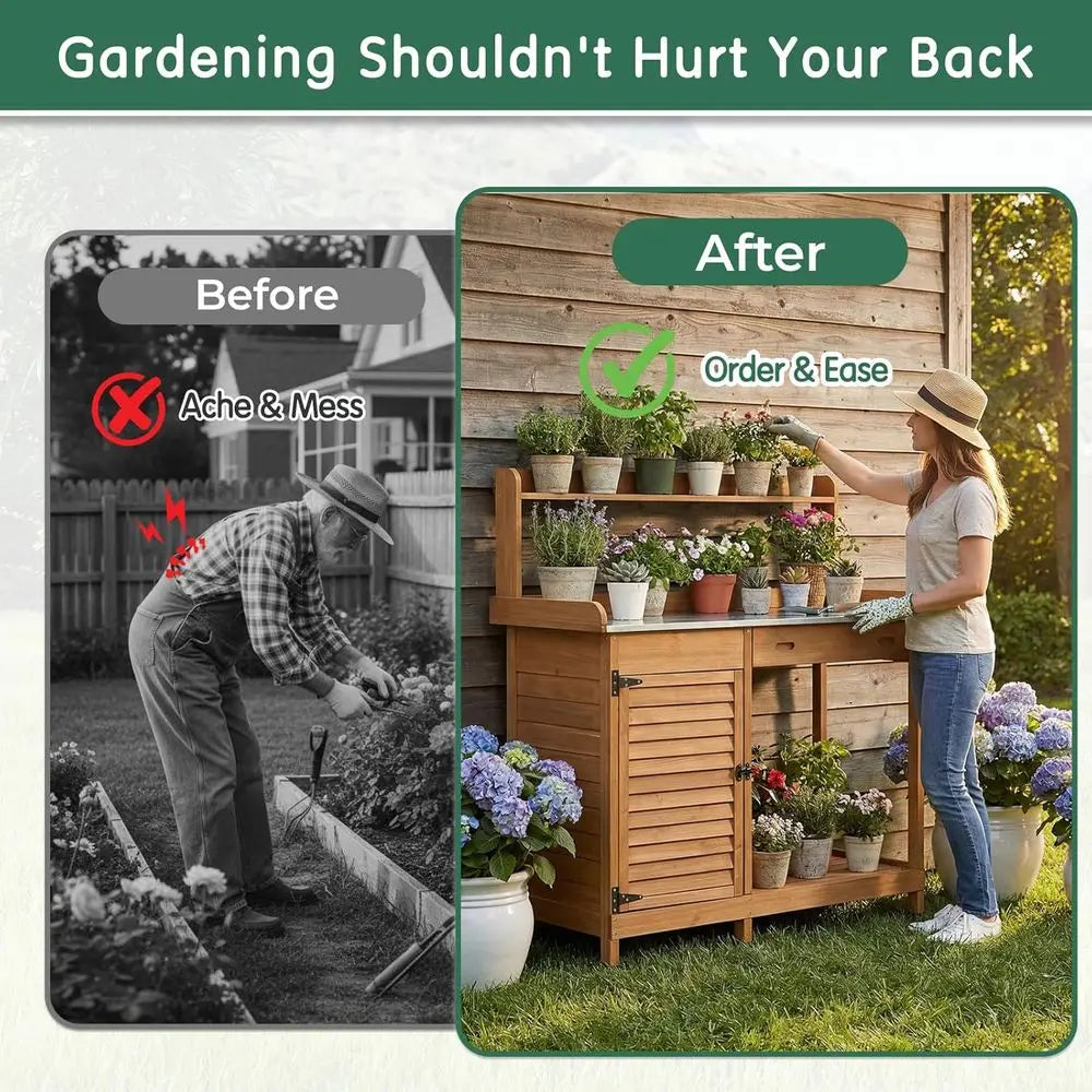 Potting Bench Table With Storage Cabinet Outdoor Garden Workstation