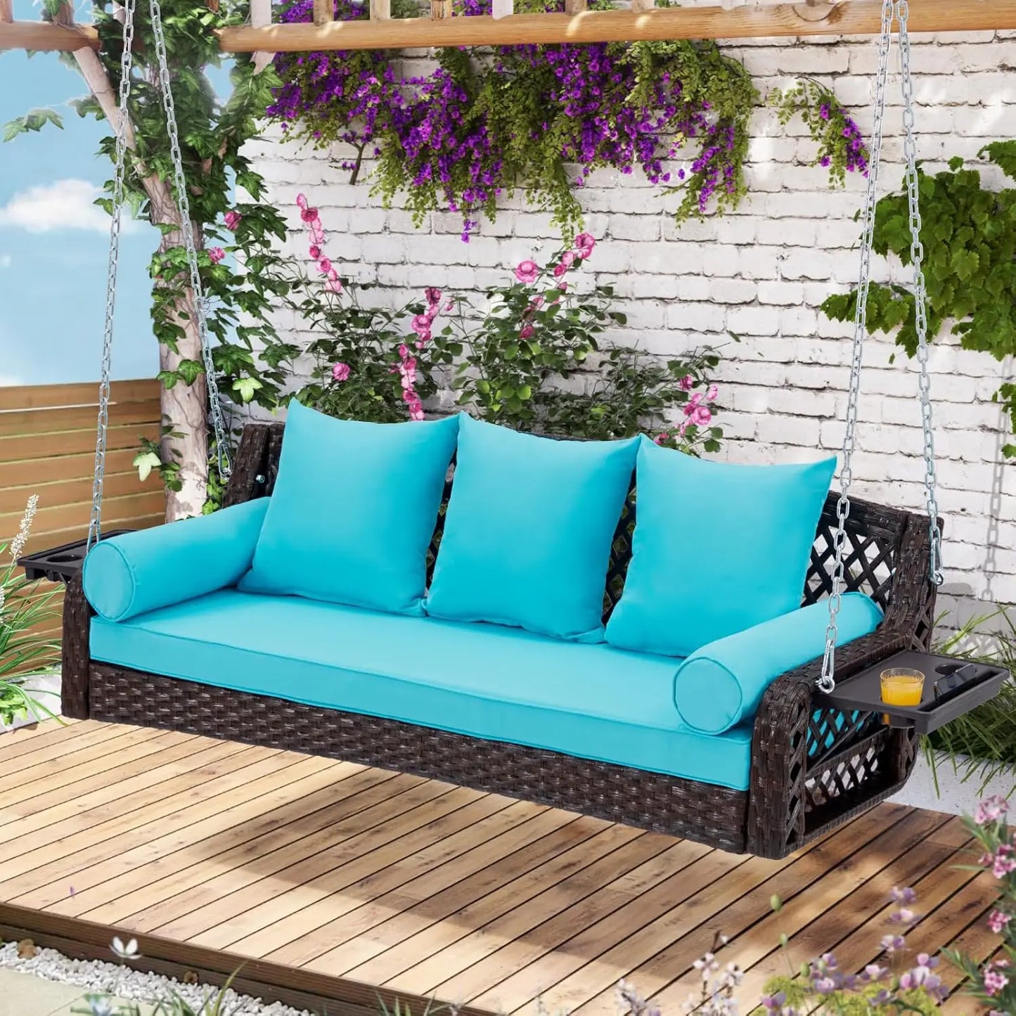 Outdoor 3 Seat Porch Swing with Cup Holders and Cushions