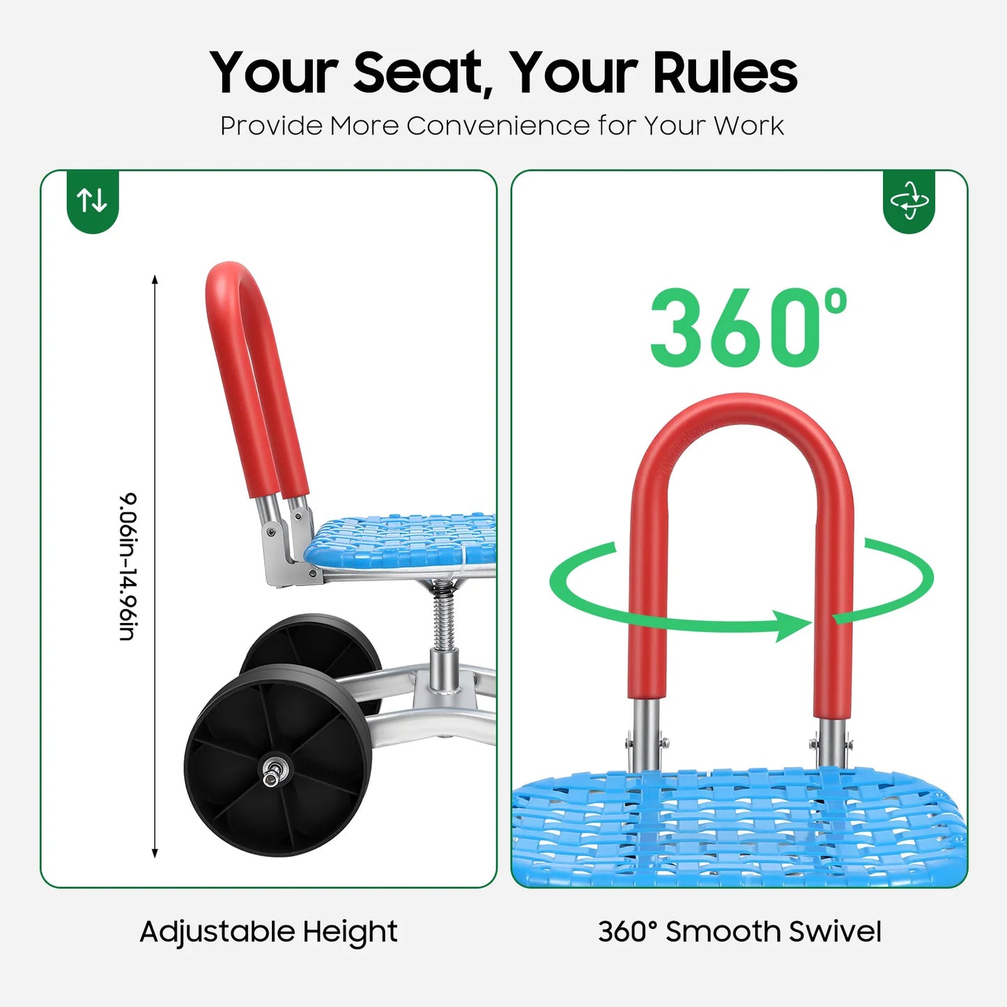 Bymaocar Three Wheel Rolling Garden Stool With 360 Degree Swivel Steel Frame