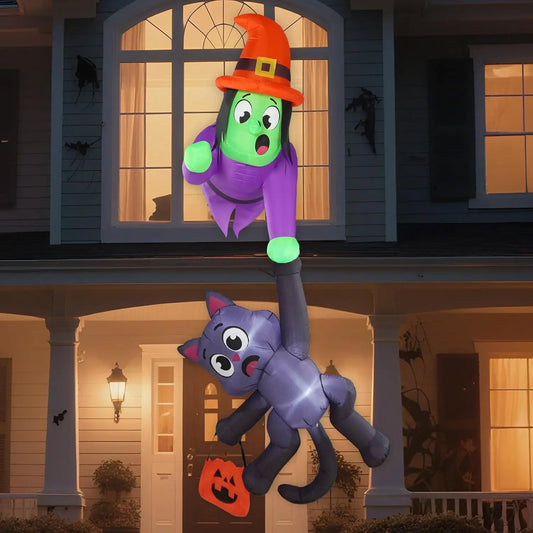 Halloween Witch And Black Cat Inflatable Roof Decoration Led Lights