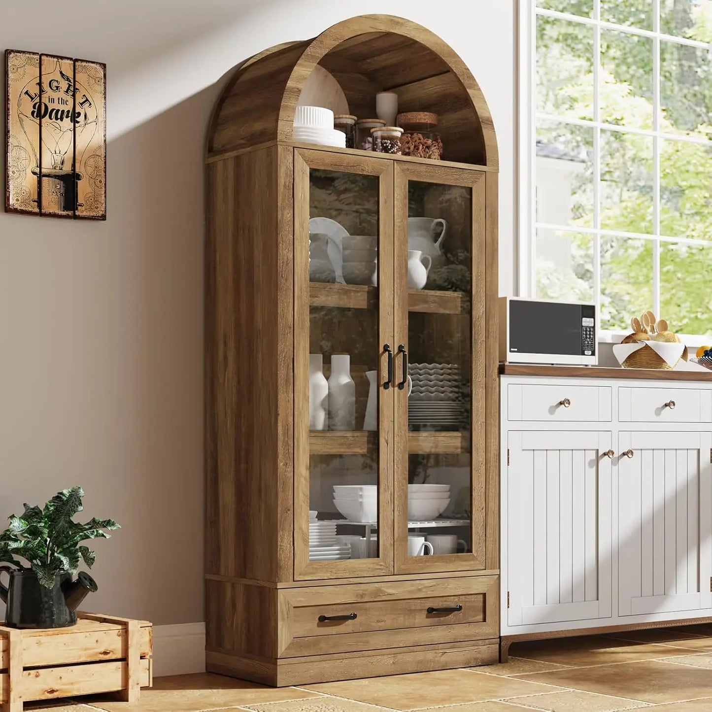 Arched Kitchen Pantry Cabinet With Glass Doors And Steel Frame