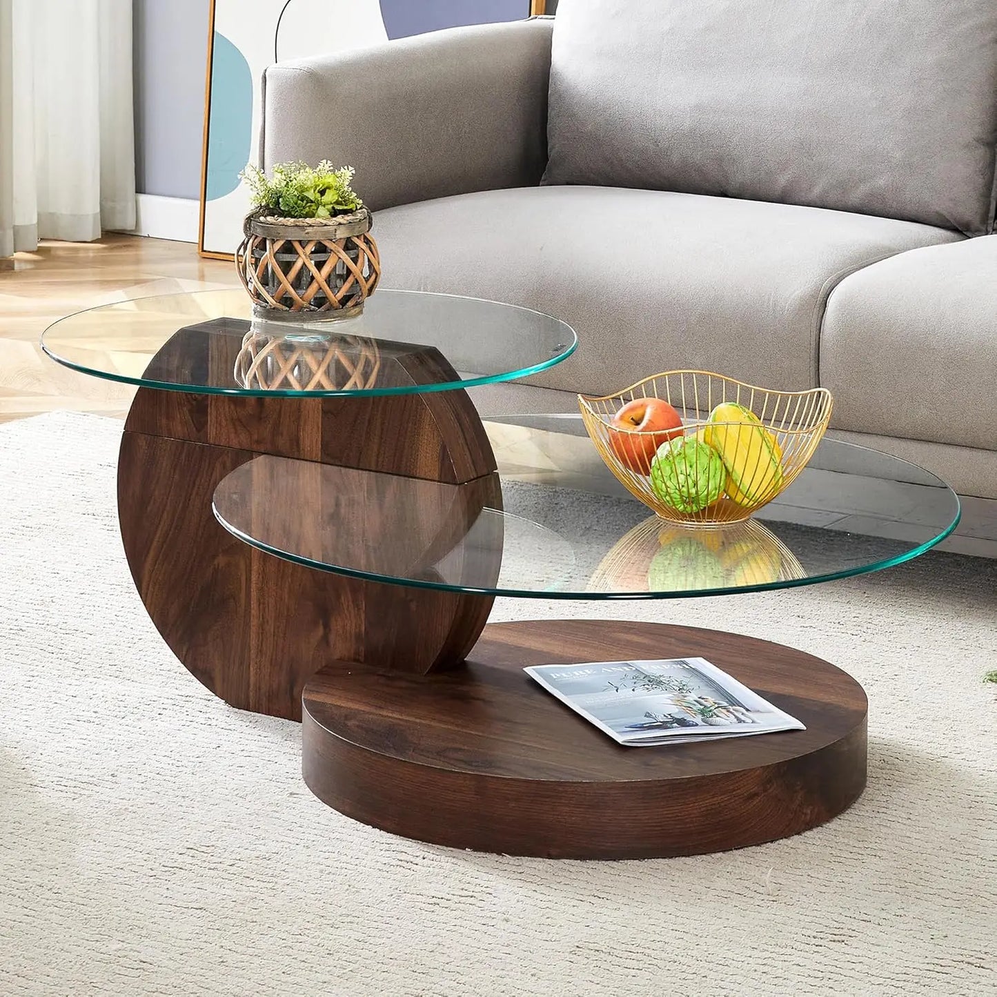Round Glass Coffee Table With Wood Base Storage Modern Design