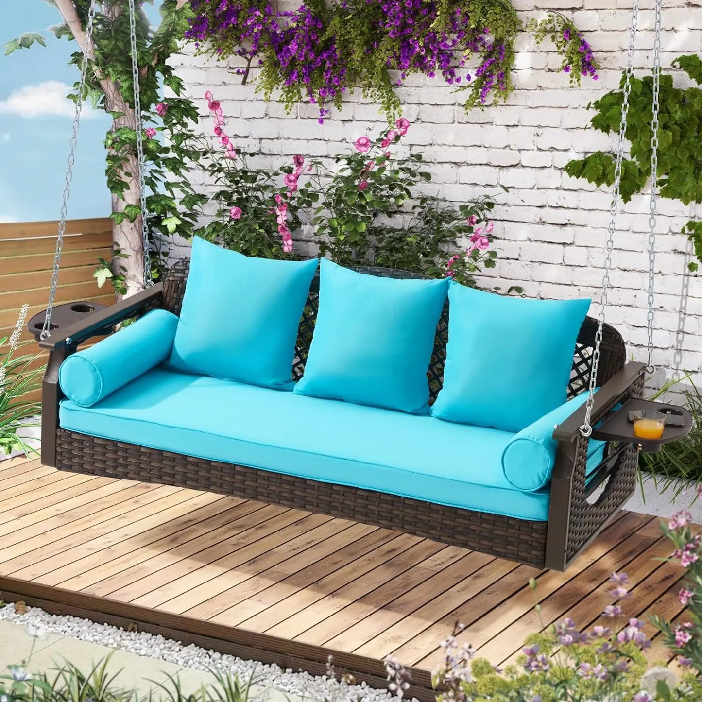 Outdoor 3 Seat Porch Swing with Cup Holders and Cushions