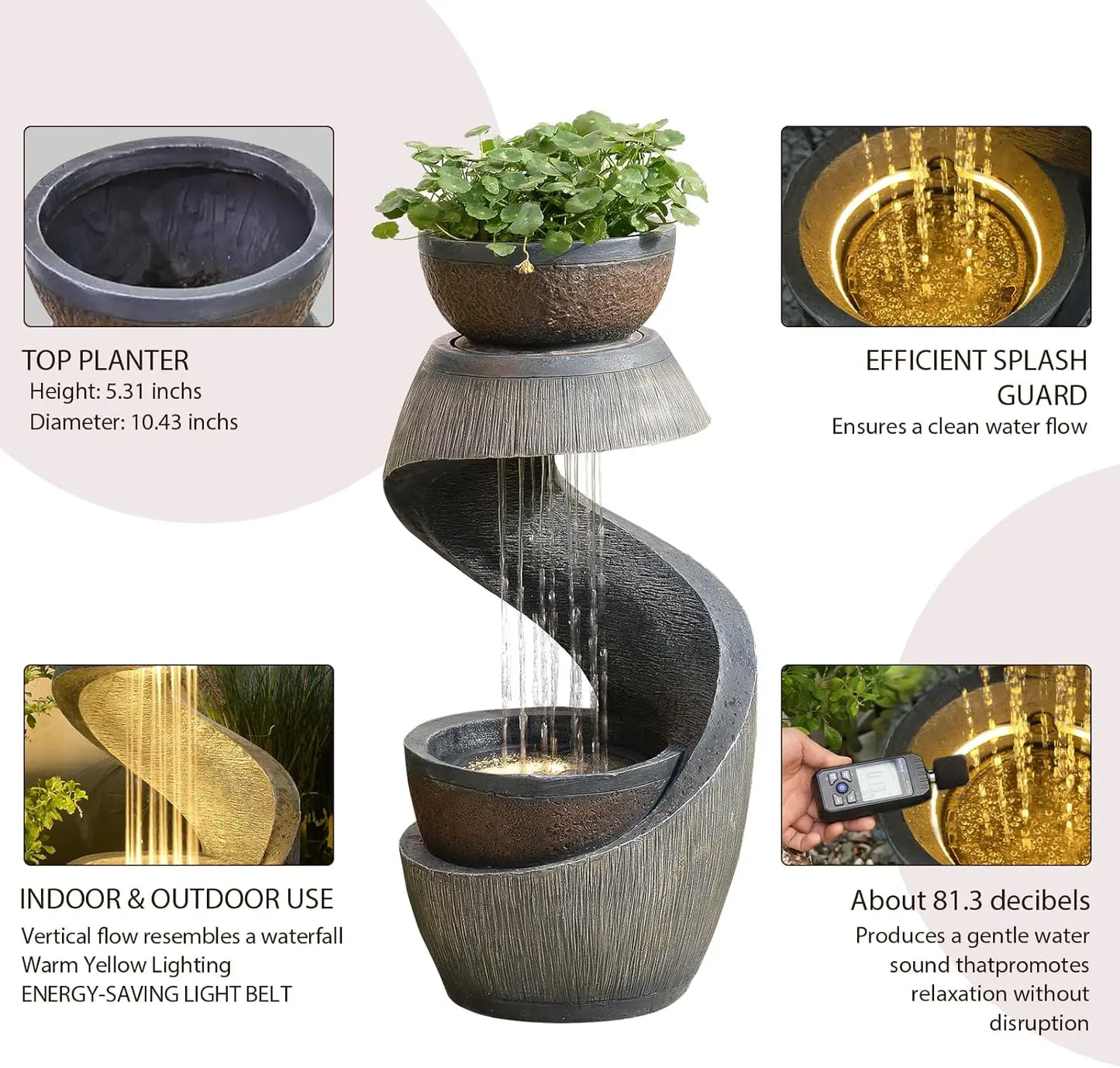 Outdoor S Shaped Water Fountain with Led Lights and Planter