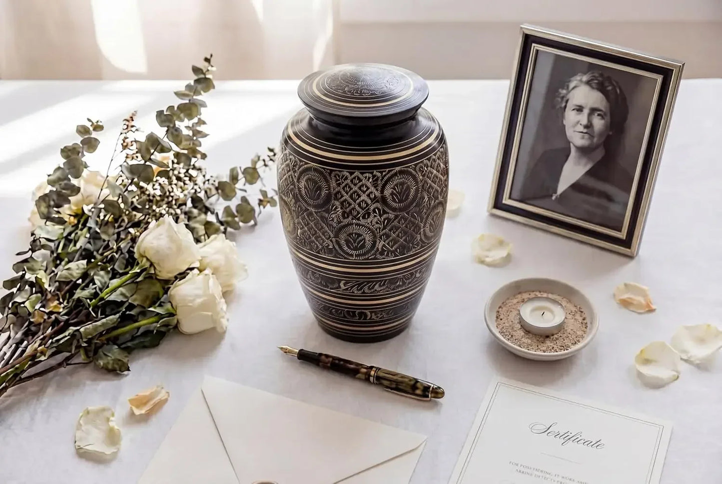 Platinum Brass Cremation Urn For Adult Ashes Handcrafted Memorial