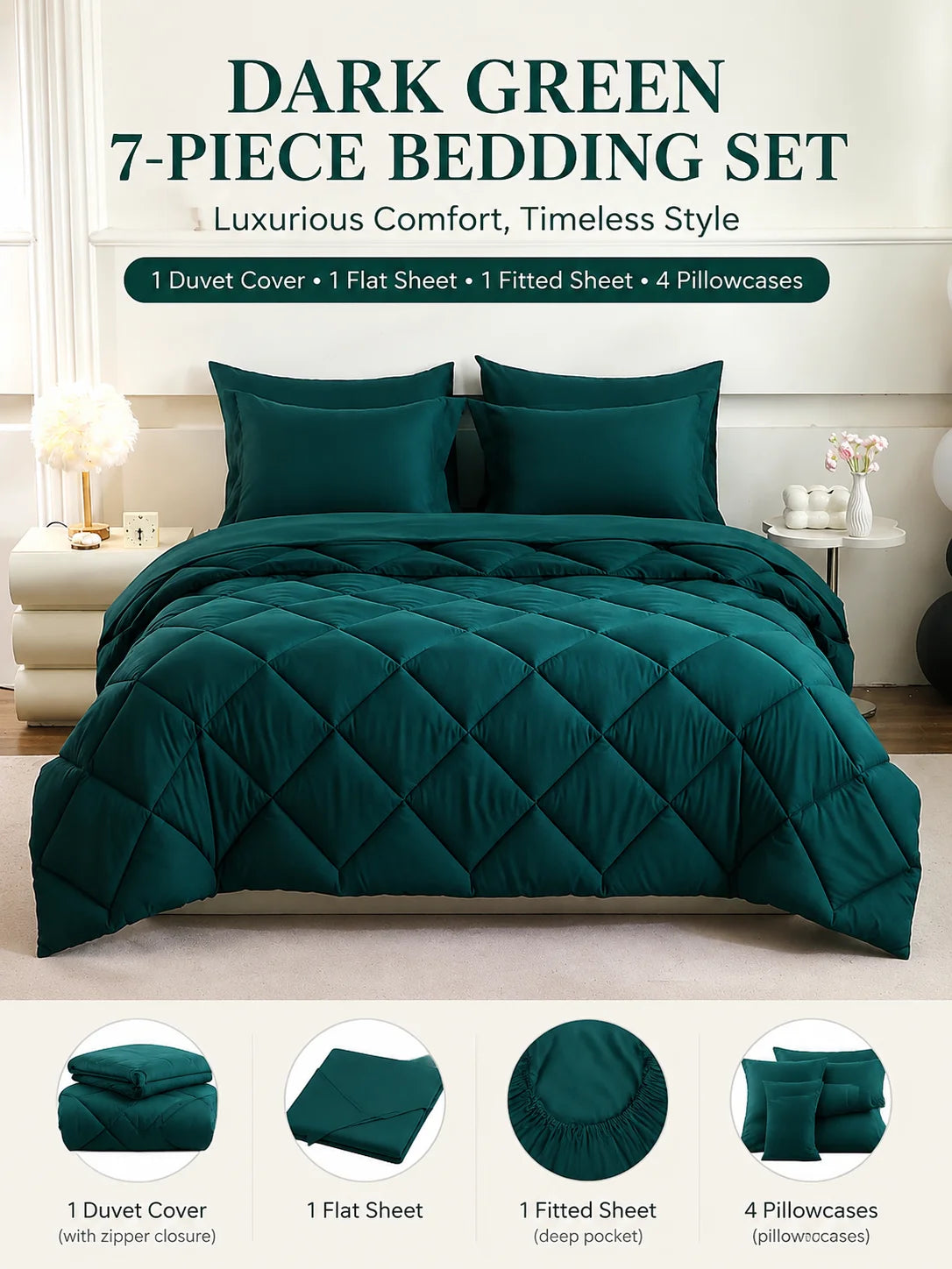EasYum 7 Piece Bedding Set Comforter Flat Sheet Fitted Pillowcases