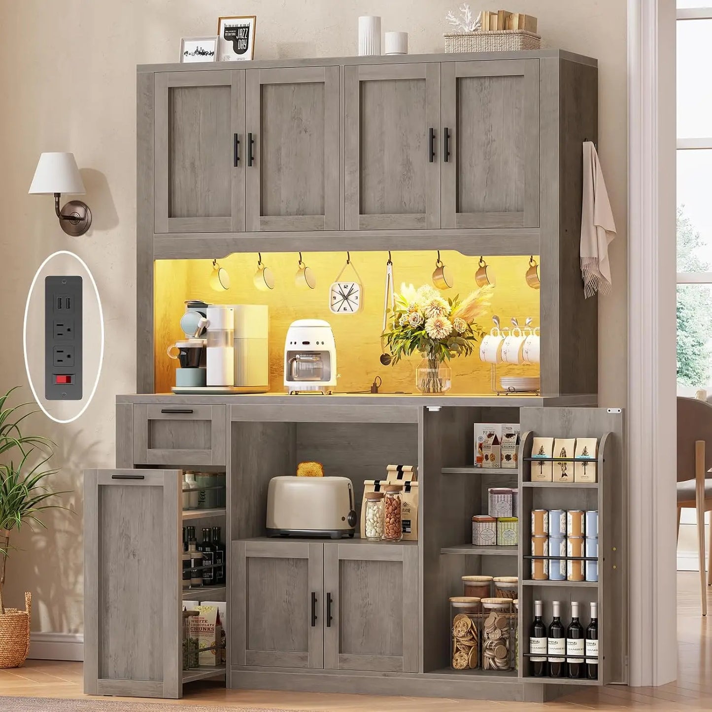 Pantry Cabinet With Microwave Stand And Charging Station LED Light