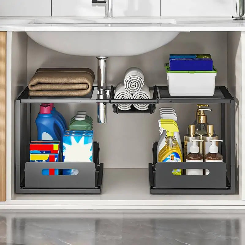 Under-Sink Sliding Storage Organizer With 2 Drawers For Cabinet