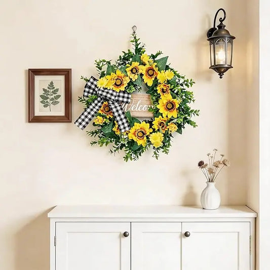 HiMISS 20-Inch Sunflowers Wreath With Yellow Blooms Bow For Front Door Decor