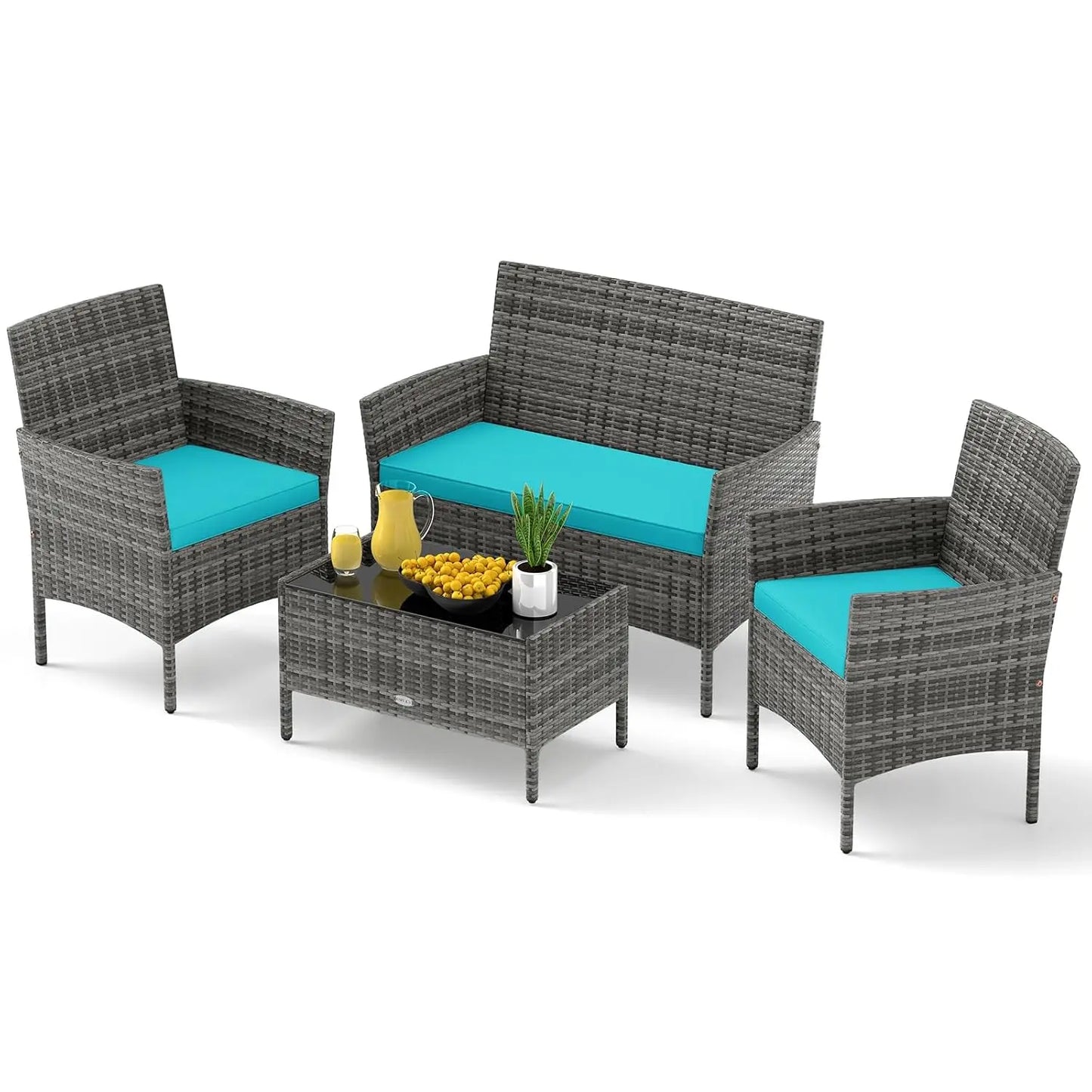 Rattan Outdoor 4-Piece Patio Set With Cushions And Glass Coffee Table
