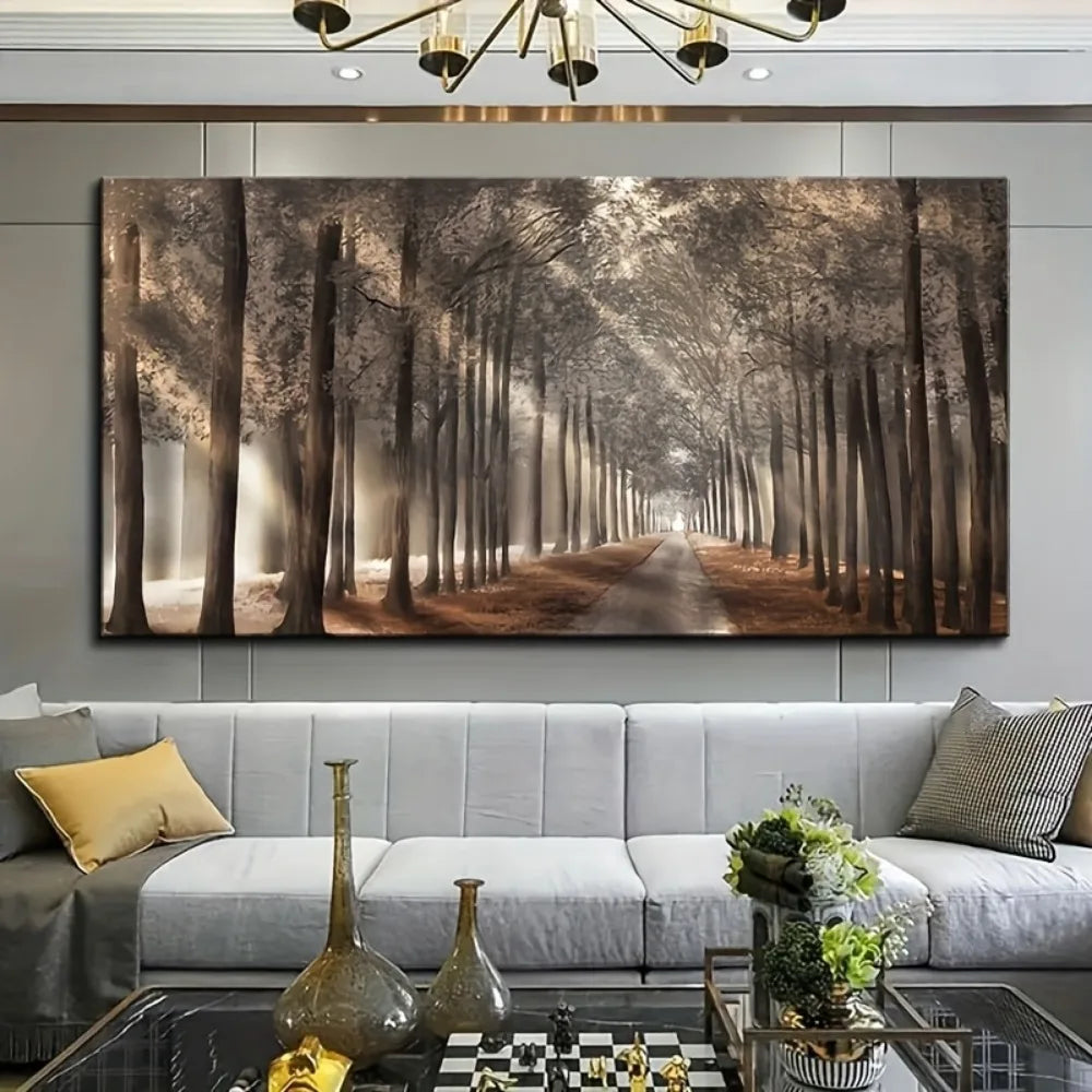 Mountain Night Canvas Painting With Pine Frame Natural Scenery
