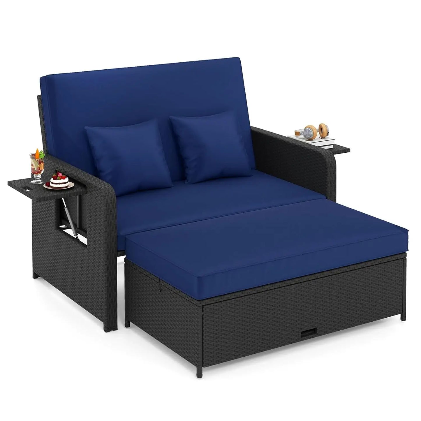 XIAOLANG Outdoor Patio Rattan Daybed With Cushions And Storage Ottoman