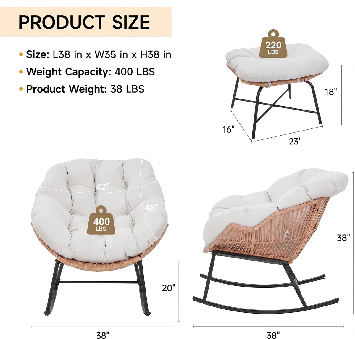 ONBRILL Rattan Papasan Rocking Chair And Ottoman Lounge Set