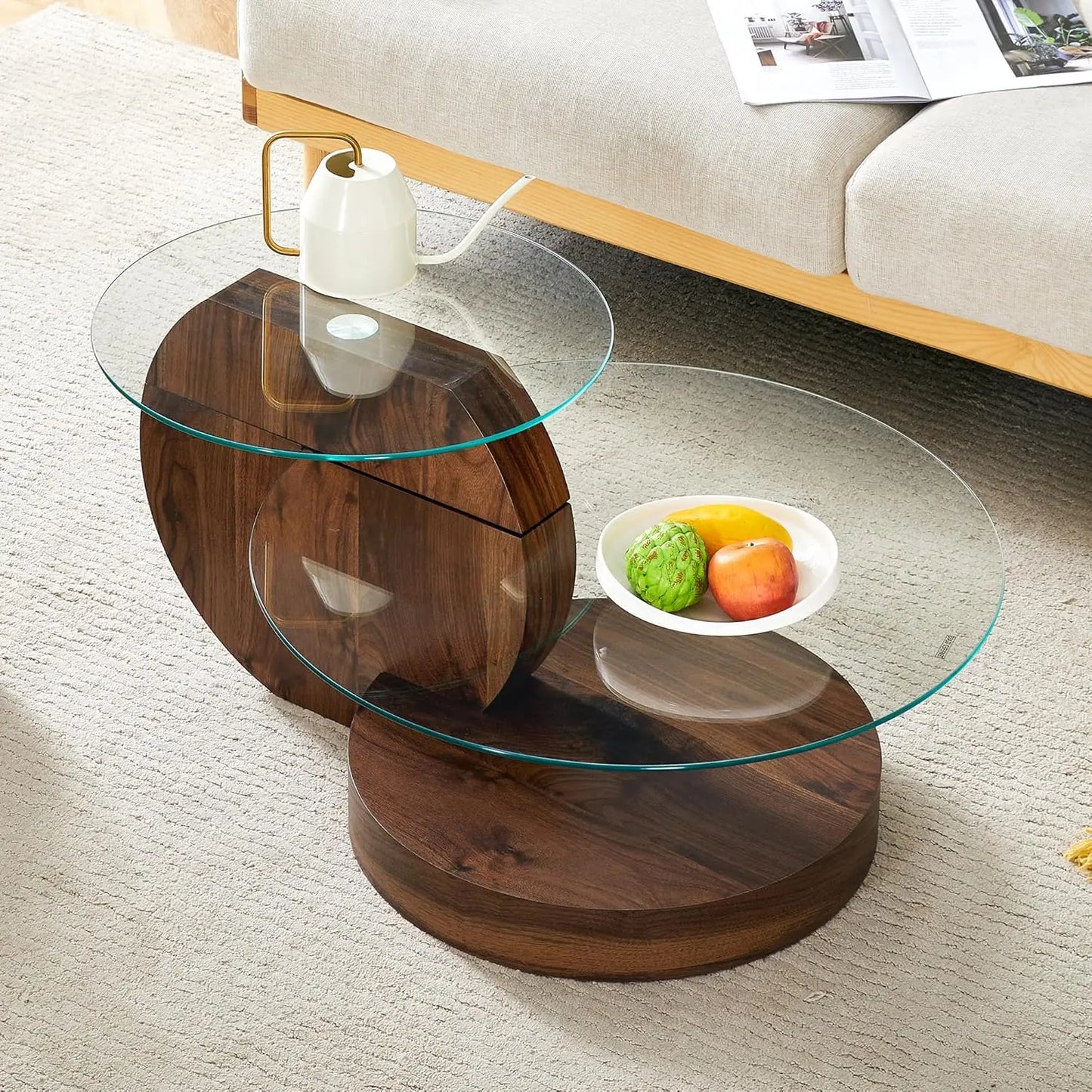 Round Glass Coffee Table With Wood Base Storage Modern Design