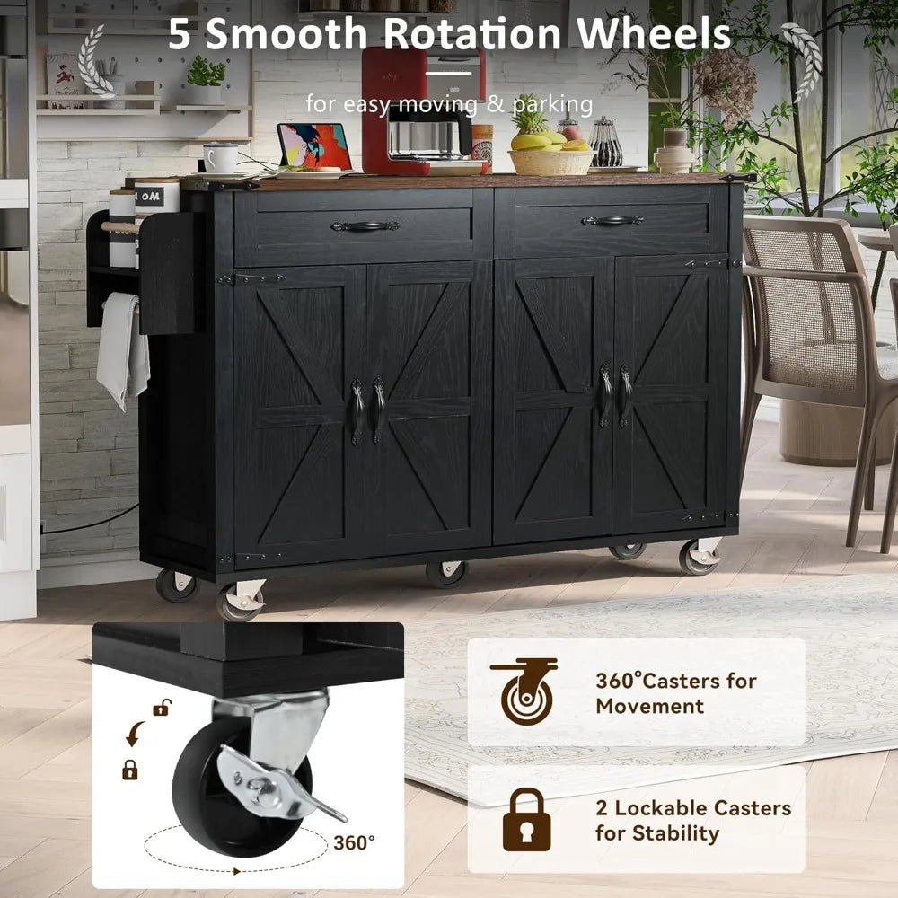 Farmhouse Rolling Kitchen Island With Power Outlet And Storage Cart