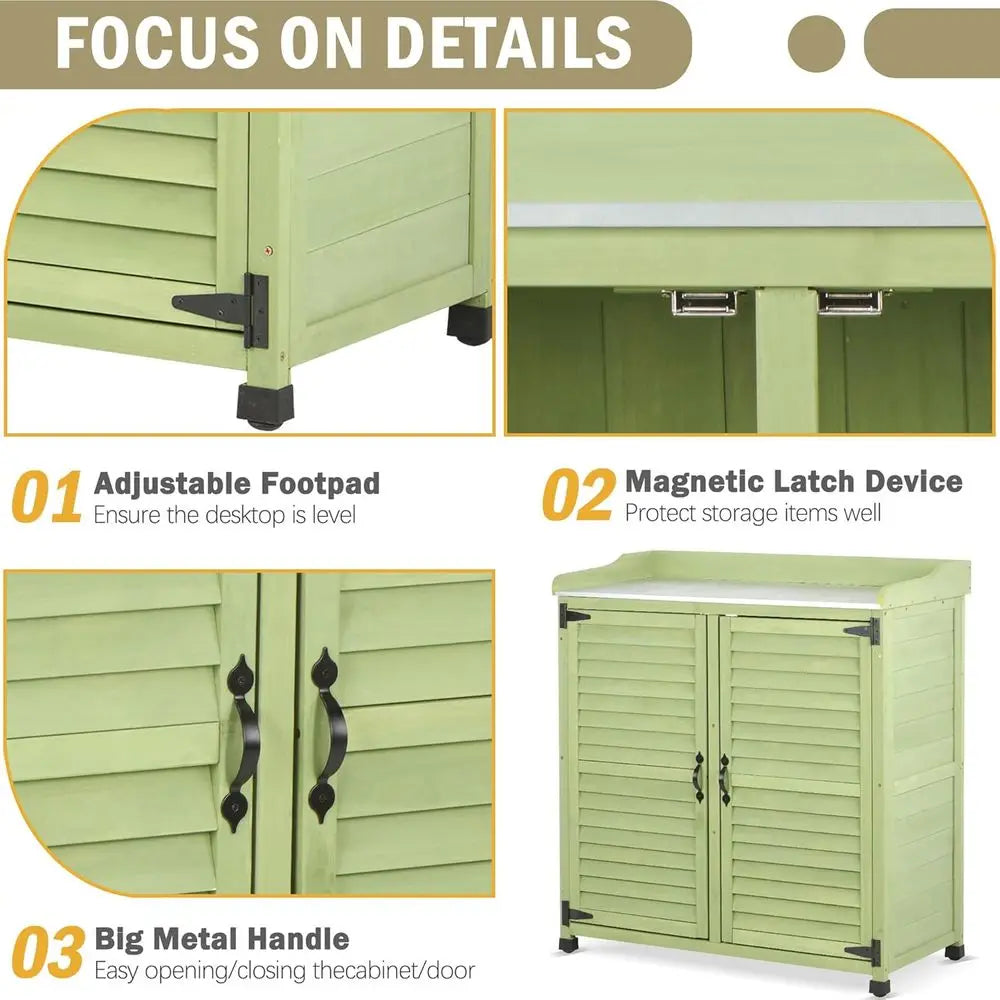 Outdoor Potting Bench With Metal Work Top And Waterproof Cabinet