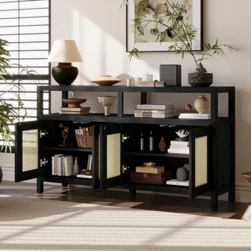 Solid Wood Rattan Buffet Cabinet With Adjustable Shelves Bohemian Style