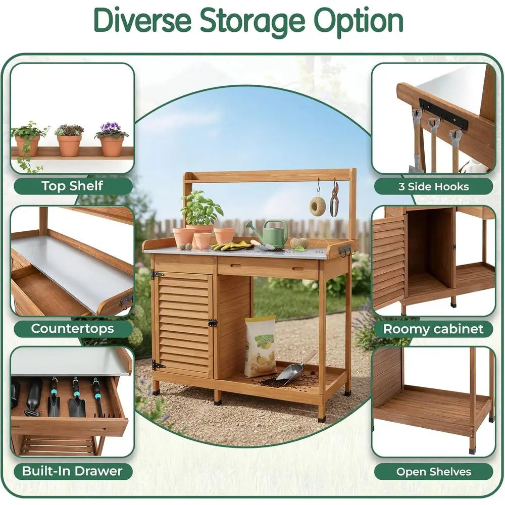 Potting Bench Table With Storage Cabinet Outdoor Garden Workstation