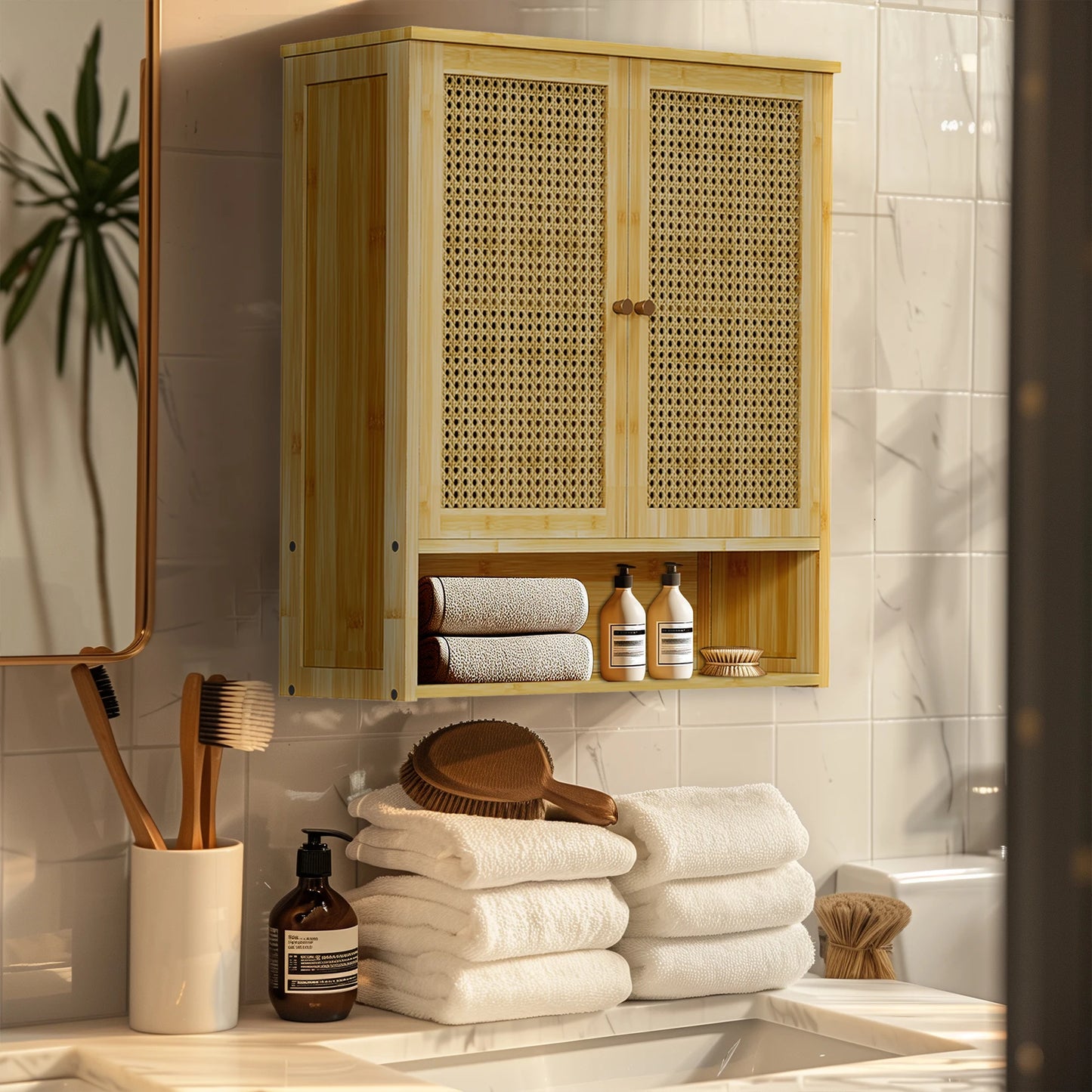 Bamboo Wall Cabinet For Bathroom Storage With 3 Shelves