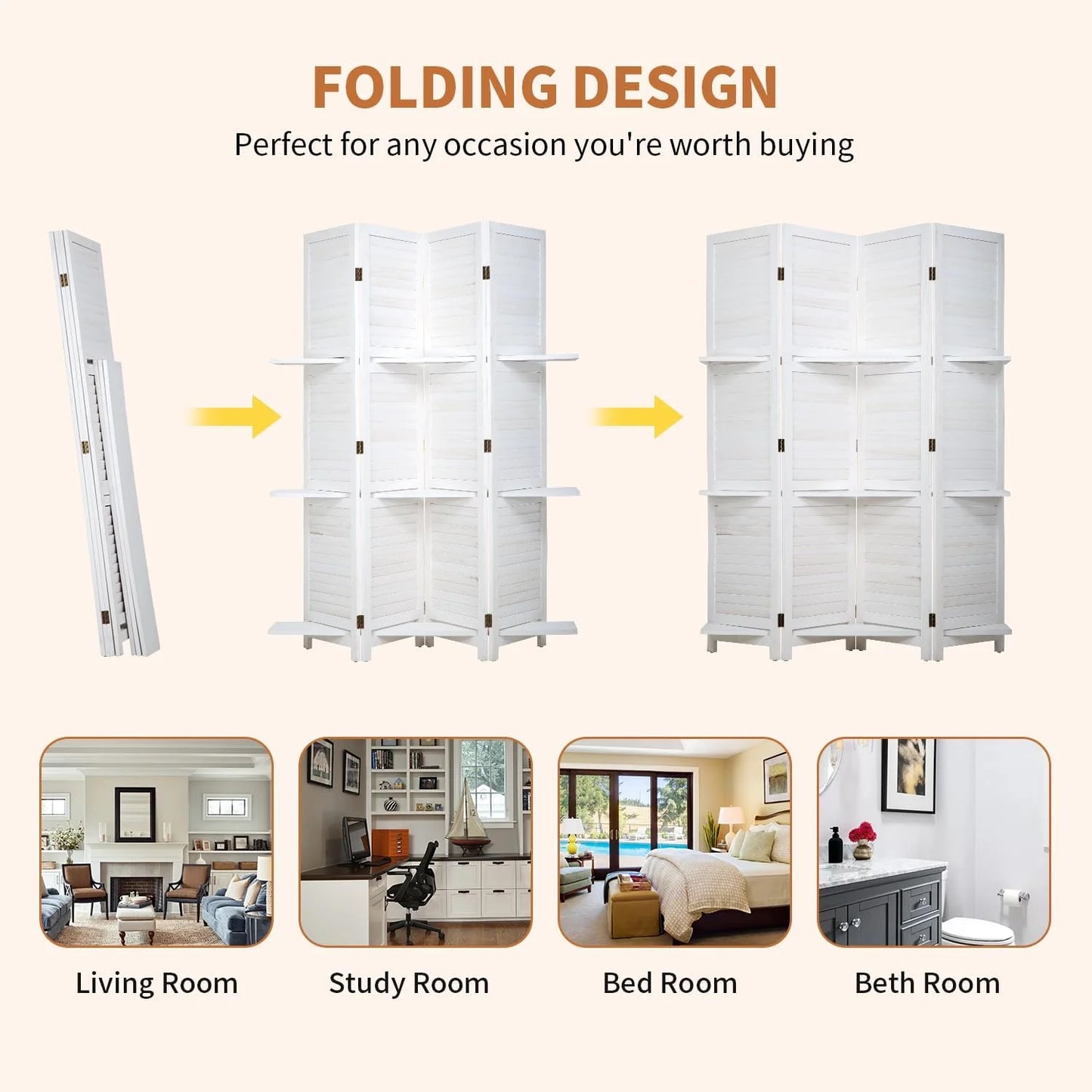 Wood Room Divider Folding Privacy Screen With Shelves Portable