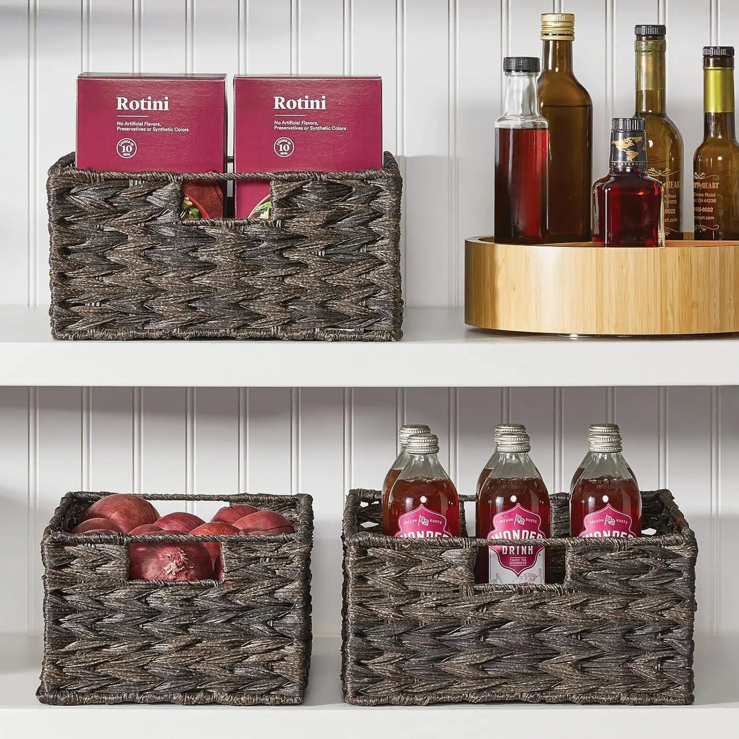 Woven Farmhouse Kitchen Pantry Organizer Basket for Cabinets and Shelves