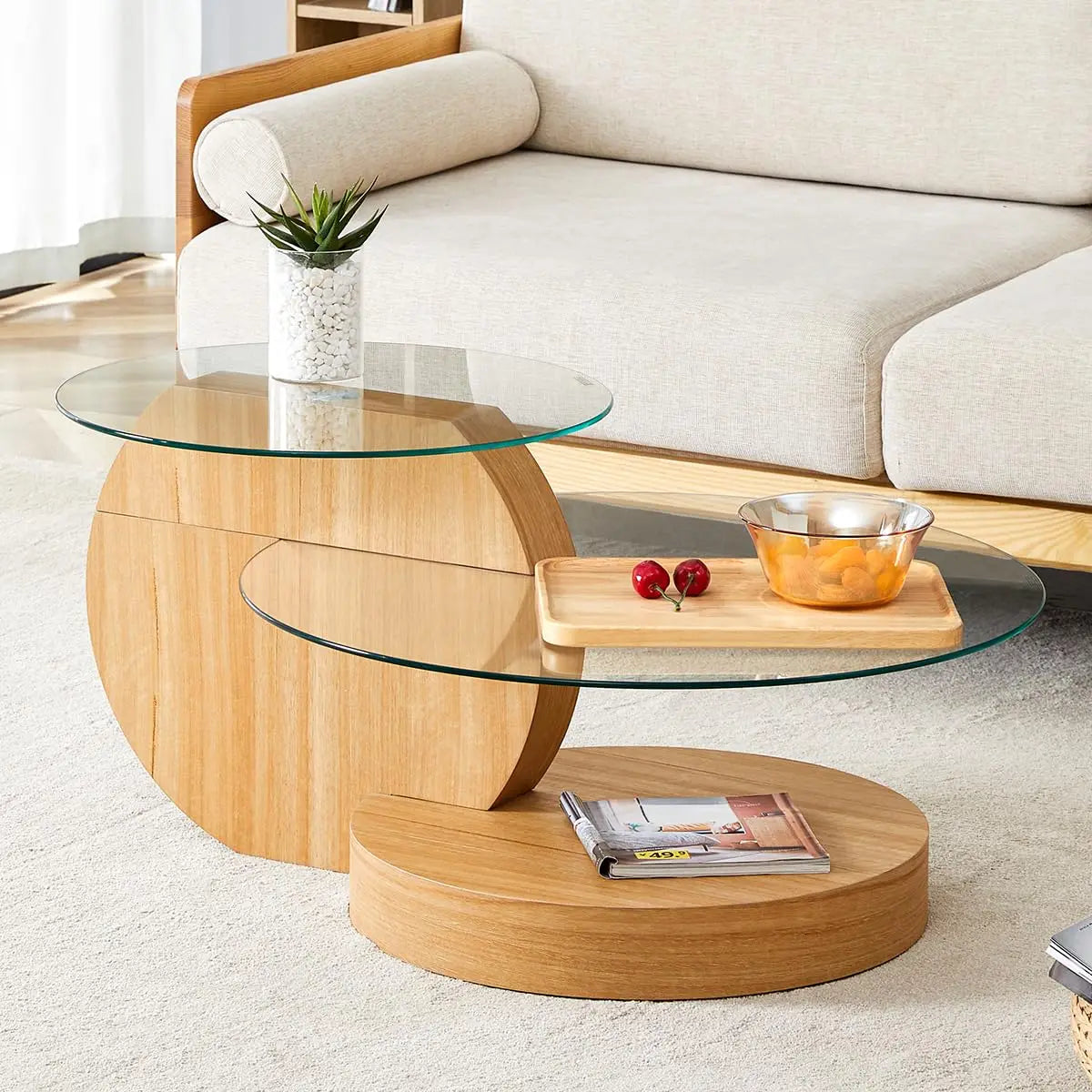 Round Glass Coffee Table With Wood Base Storage Modern Design