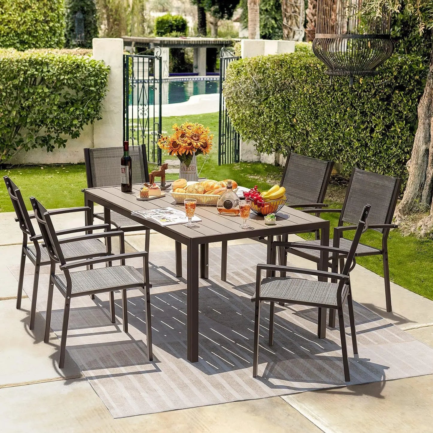 Patio Dining Set 7 Pieces With Large Table And Textilene Chairs