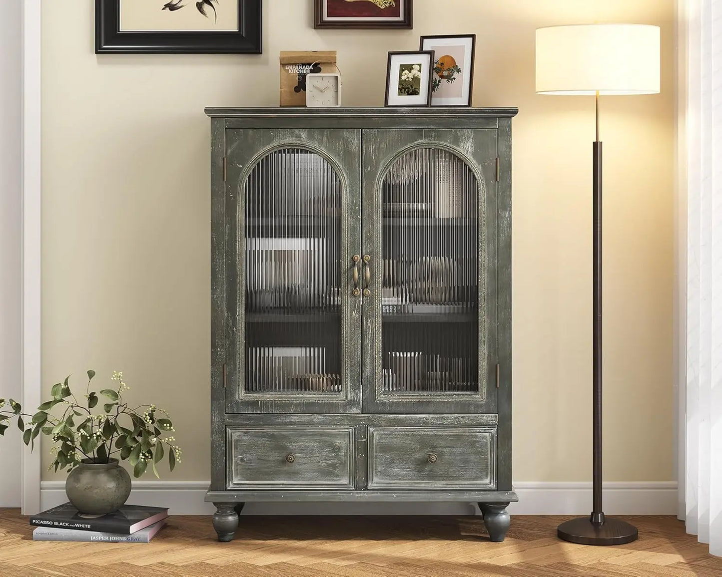 Country Vintage Sideboard Buffet Cabinet With Embossed Floral Metal Doors