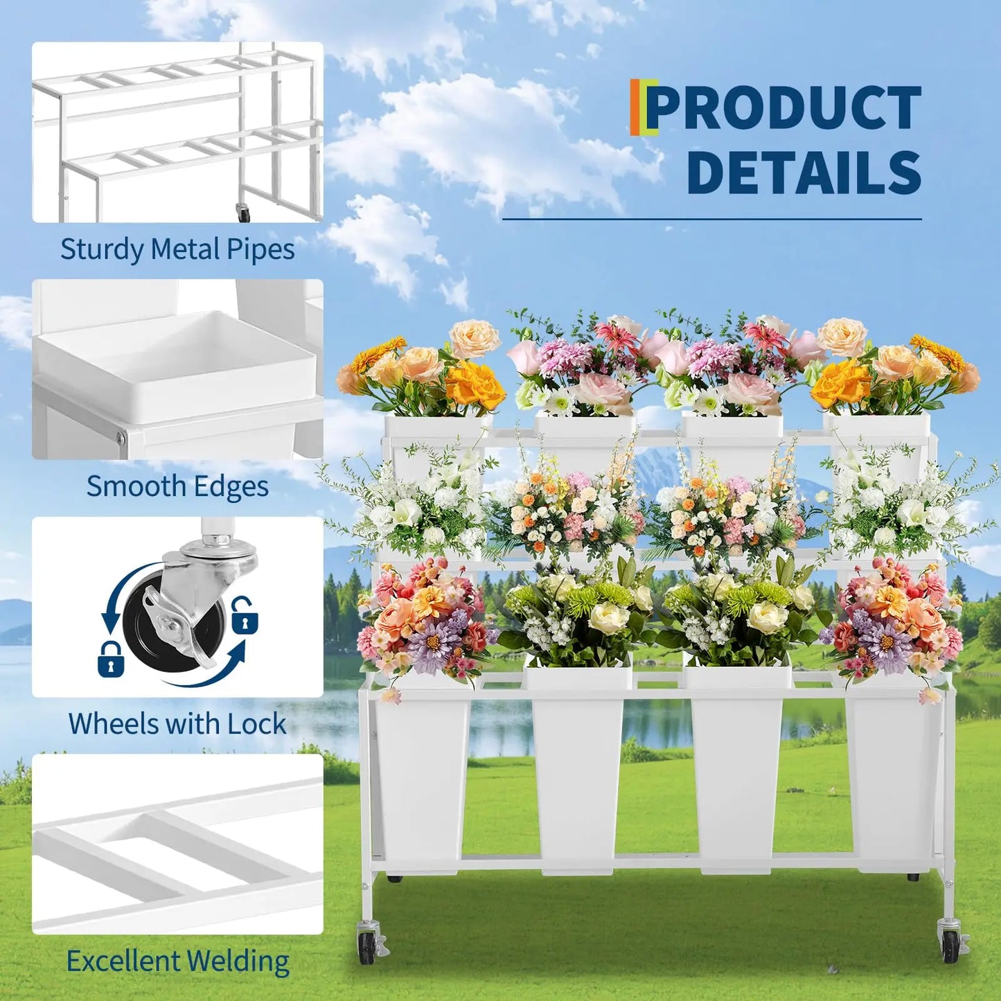 HiMISS 3 Tier Rolling Flower Display Stand With Buckets