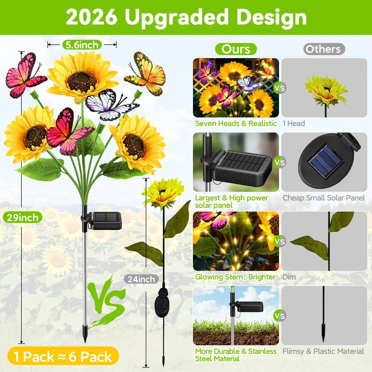 KPSTEK Solar Sunflower Garden Lights With Butterfly Decorations