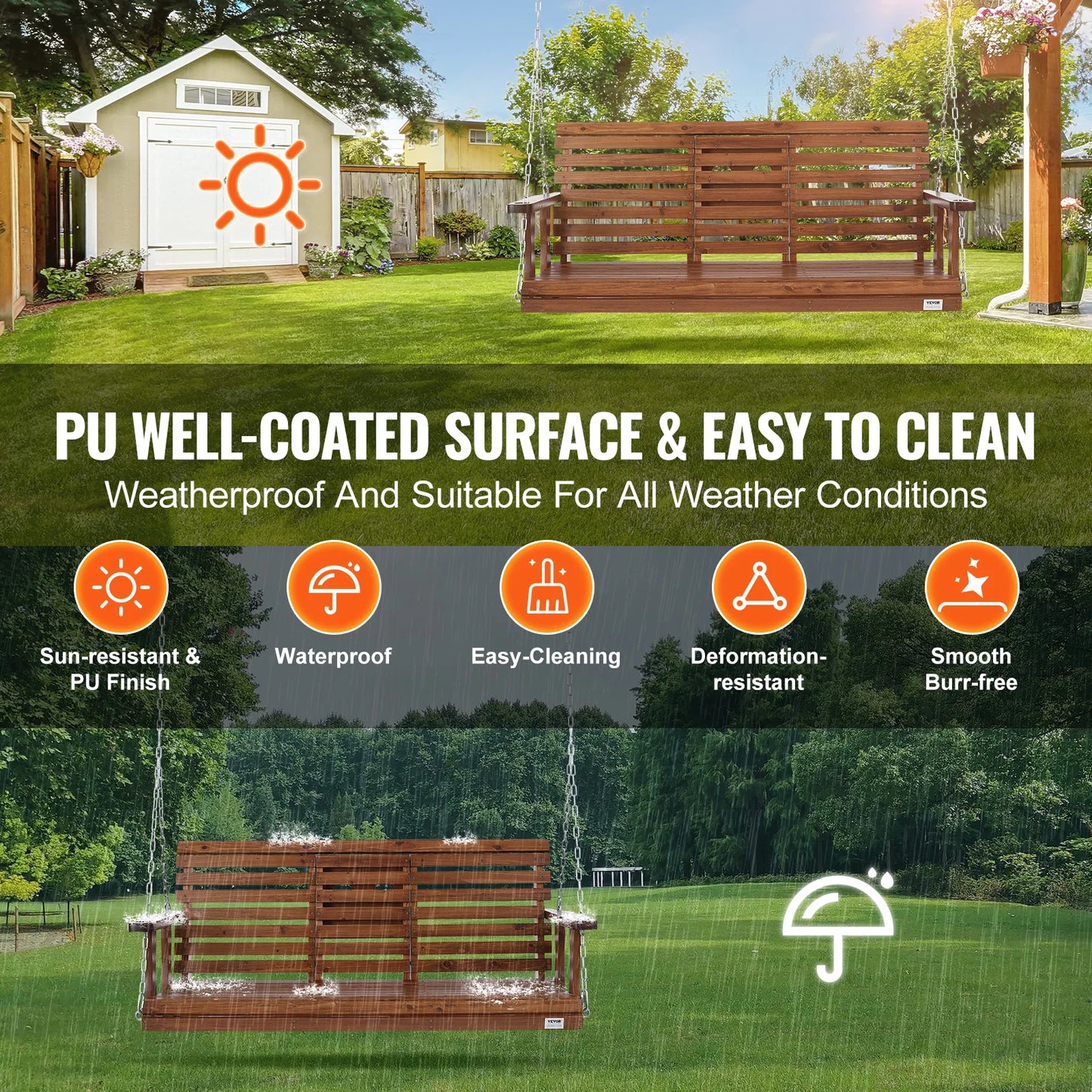 SucceBuy Wooden Porch Swing Outdoor Patio Bench With Load Capacity