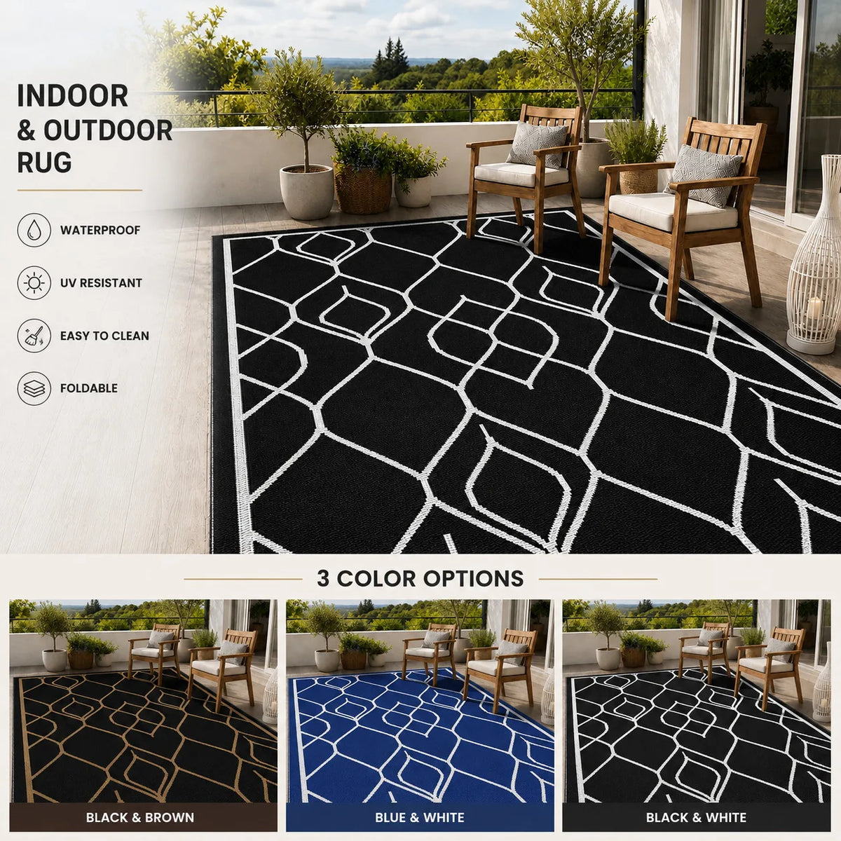 Weatherproof Indoor Outdoor Reversible Striped Patio Mat Rug