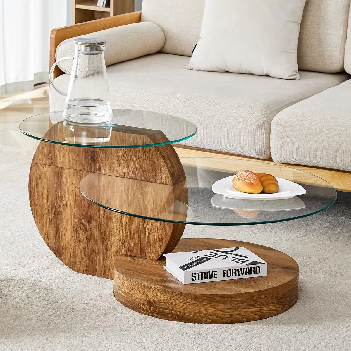 Round Glass Coffee Table With Wood Base Storage Modern Design