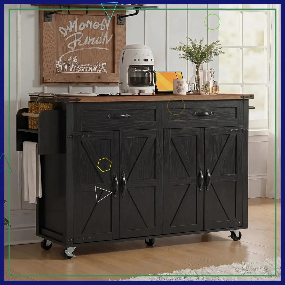 Farmhouse Rolling Kitchen Island With Power Outlet And Storage Cart