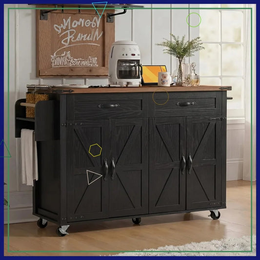 Farmhouse Rolling Kitchen Island With Power Outlet And Storage Cart