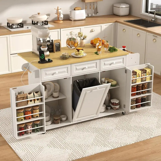 Mobile Kitchen Island Cart With Power Outlet Drop Leaf Storage