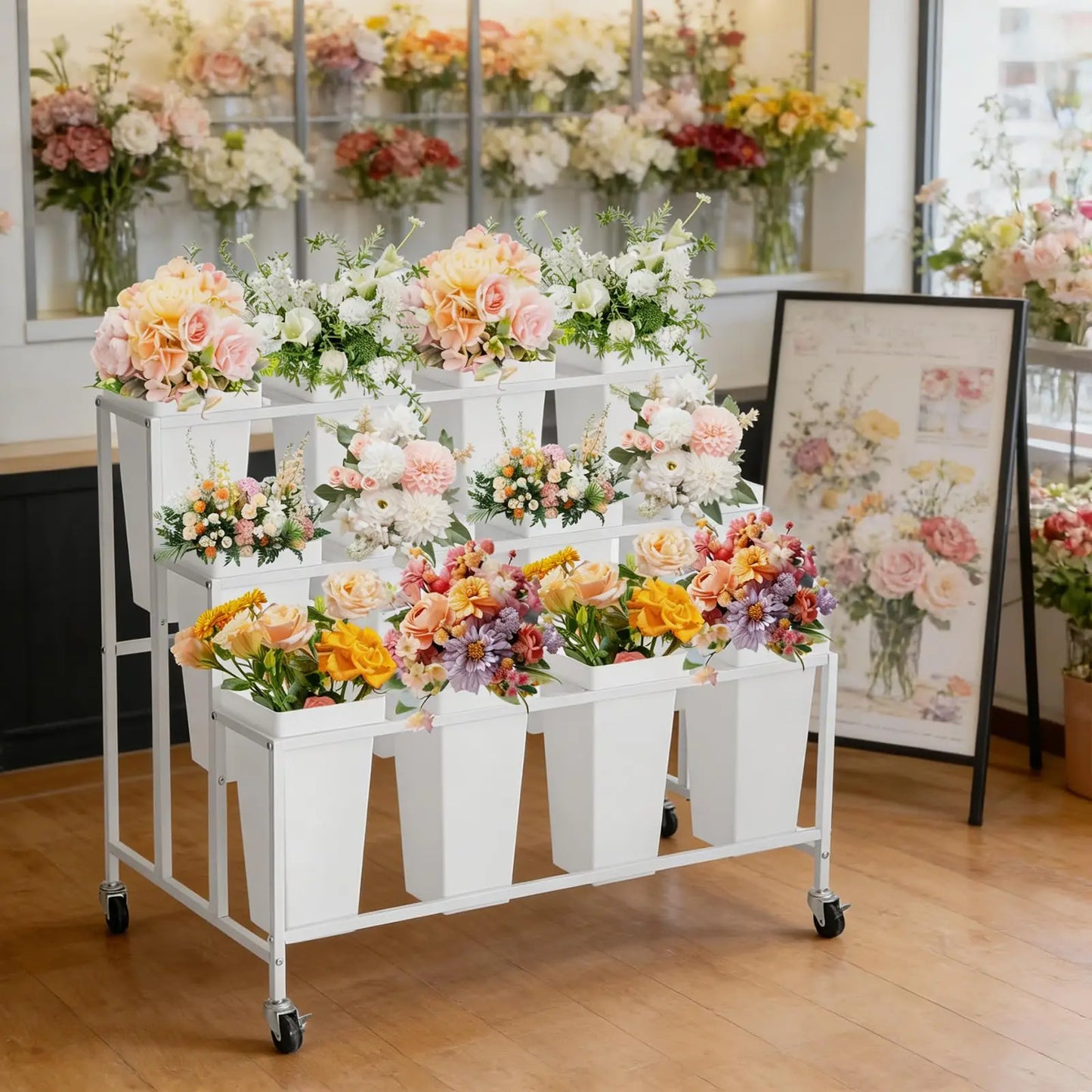 HiMISS 3 Tier Rolling Flower Display Stand With Buckets