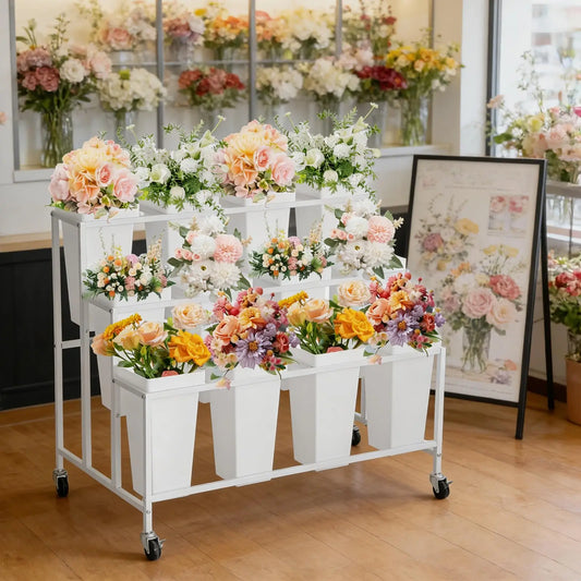 HiMISS 3 Tier Rolling Flower Display Stand With Buckets